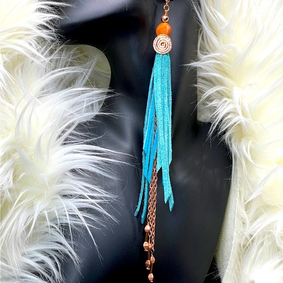 Artisan Jewelry - Natural Jasper And Genuine Turquoise Blue Leather Fringe And Copper Artisan